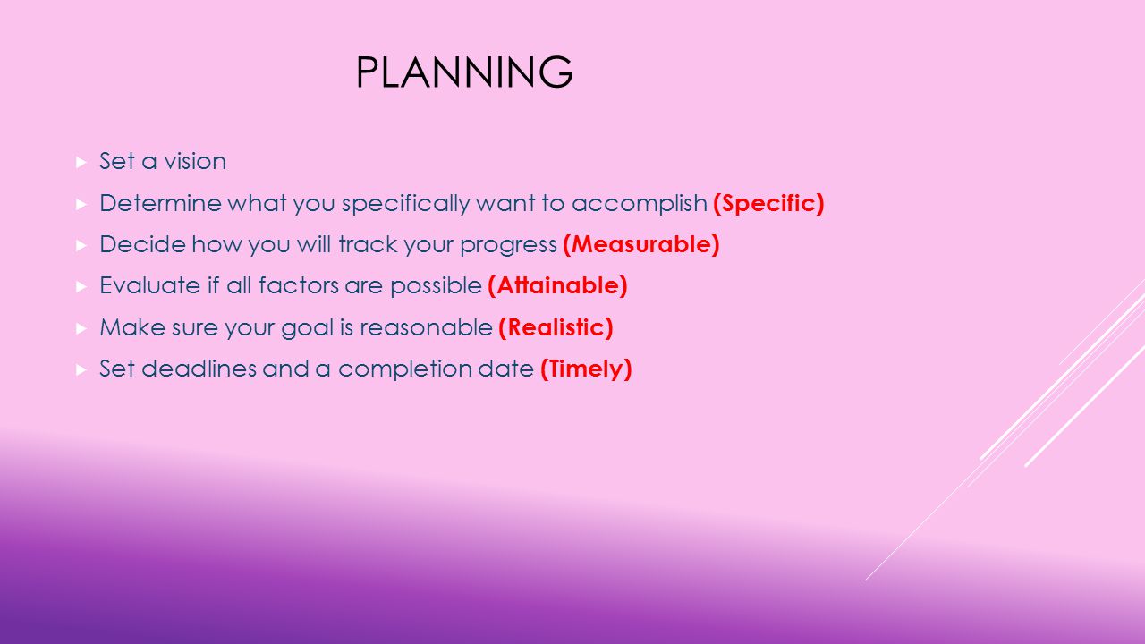PLANNING  Set a vision  Determine what you specifically want to accomplish (Specific)  Decide how you will track your progress (Measurable)  Evaluate if all factors are possible (Attainable)  Make sure your goal is reasonable (Realistic)  Set deadlines and a completion date (Timely)