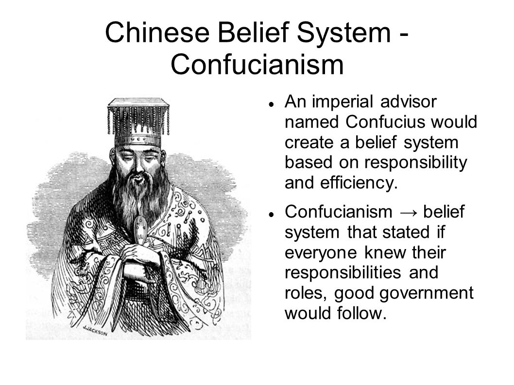 Chinese Belief System - Confucianism An imperial advisor named Confucius would create a belief system based on responsibility and efficiency.
