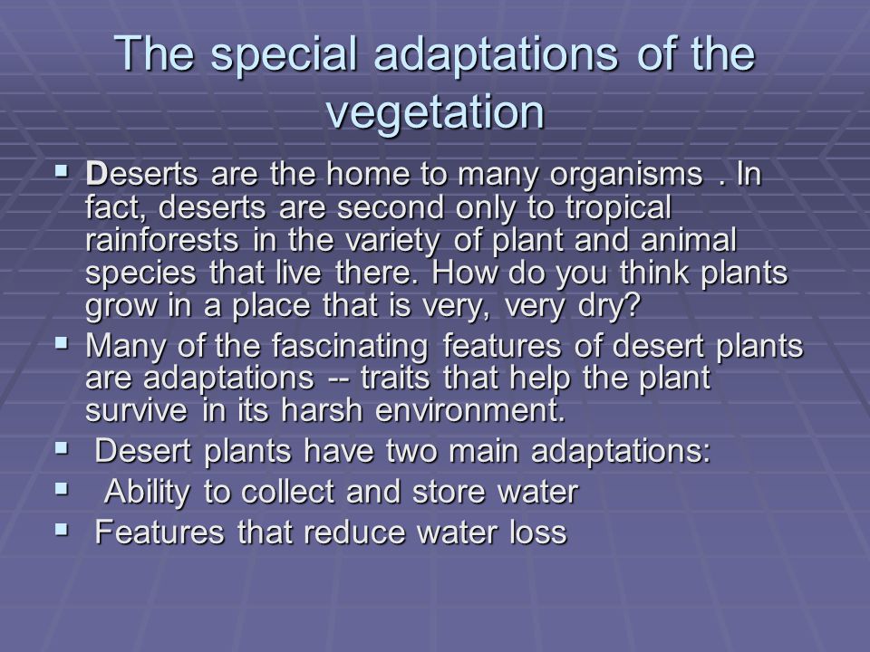 The special adaptations of the vegetation  Deserts are the home to many organisms.