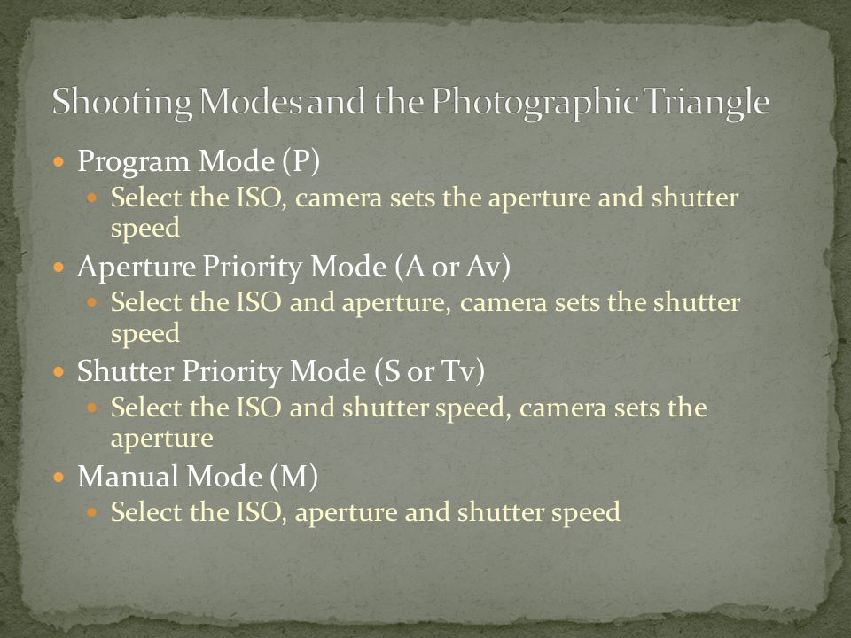 Program Mode (P) Select the ISO, camera sets the aperture and shutter speed Aperture Priority Mode (A or Av) Select the ISO and aperture, camera sets the shutter speed Shutter Priority Mode (S or Tv) Select the ISO and shutter speed, camera sets the aperture Manual Mode (M) Select the ISO, aperture and shutter speed
