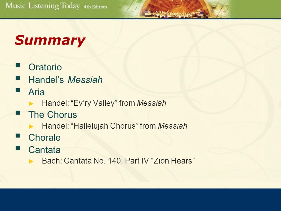 Summary  Oratorio  Handel’s Messiah  Aria ► Handel: Ev’ry Valley from Messiah  The Chorus ► Handel: Hallelujah Chorus from Messiah  Chorale  Cantata ► Bach: Cantata No.
