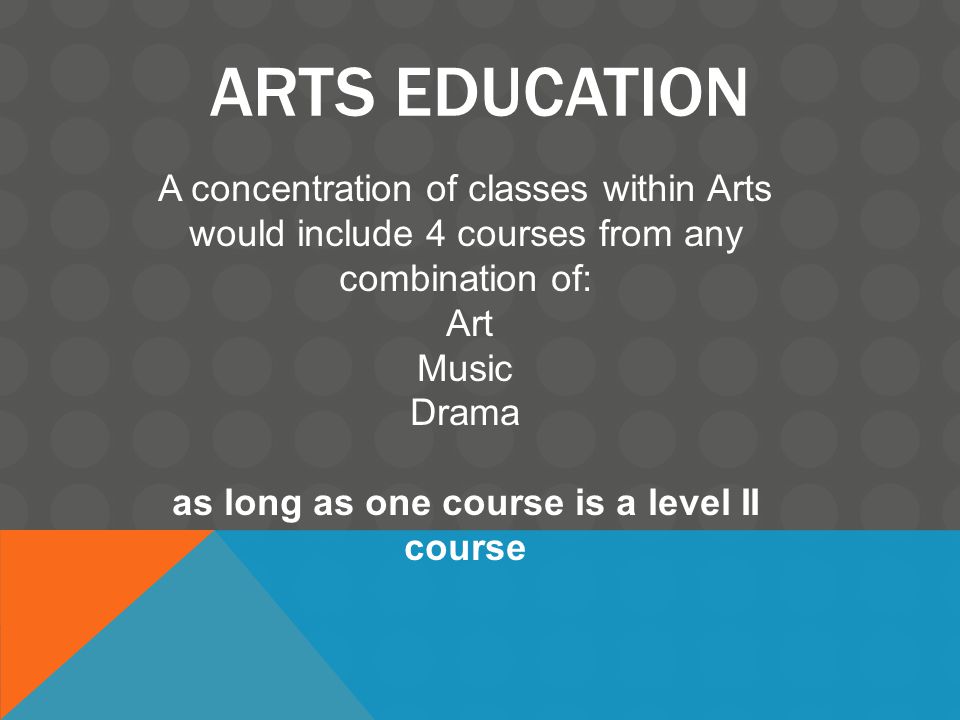 ARTS EDUCATION A concentration of classes within Arts would include 4 courses from any combination of: Art Music Drama as long as one course is a level II course