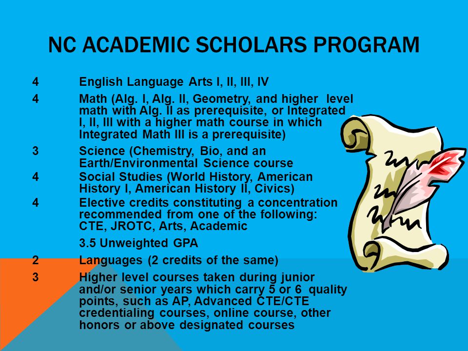 NC ACADEMIC SCHOLARS PROGRAM 4 English Language Arts I, II, III, IV 4Math (Alg.