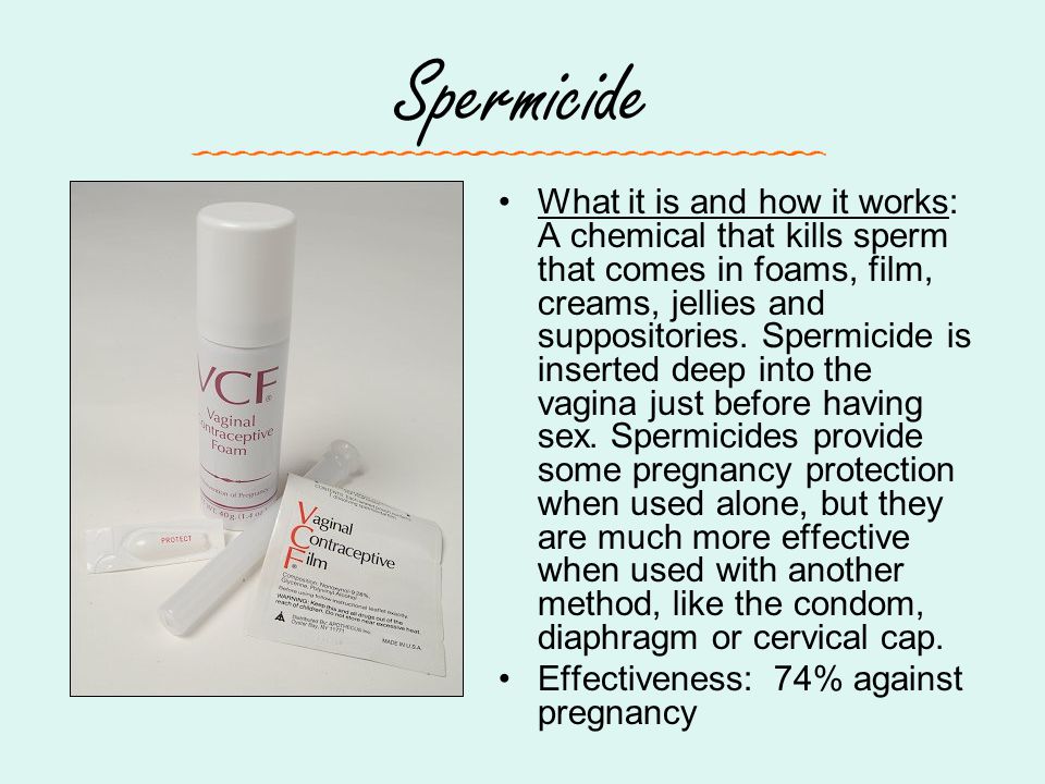 Spermicide What it is and how it works: A chemical that kills sperm that comes in foams, film, creams, jellies and suppositories.