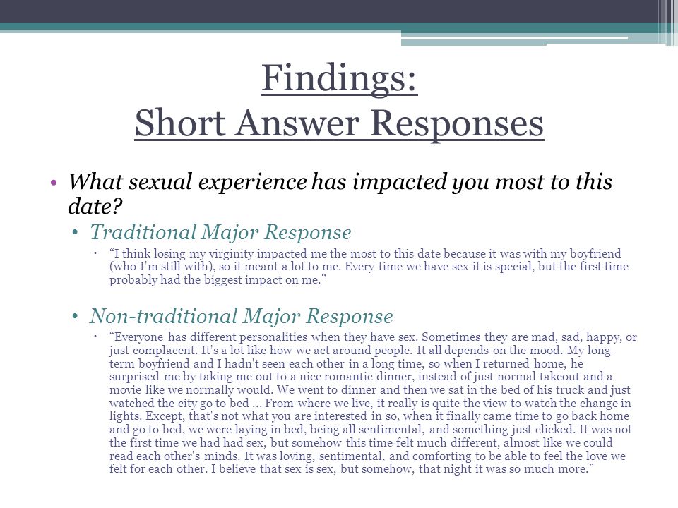 Findings: Short Answer Responses What sexual experience has impacted you most to this date.