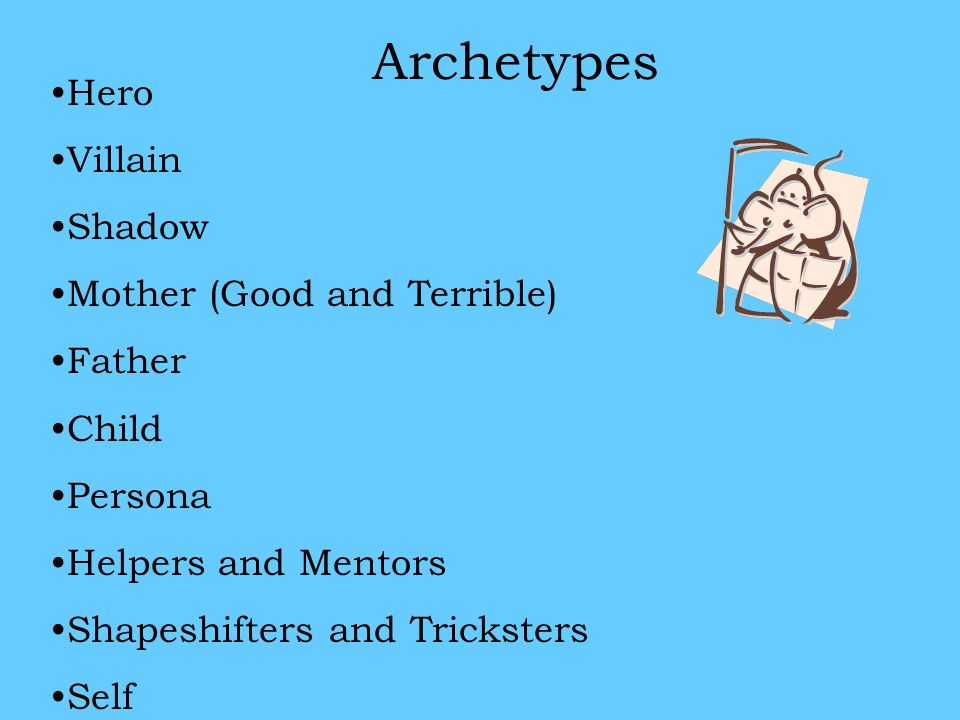 Archetypes : symbols that all humans recognize and understand; original models fulfill/represent a human spiritual need can overlap (Hero can be Scapegoat, Wizard can be Mentor, etc.) cannot be altered by our conscious experiences.