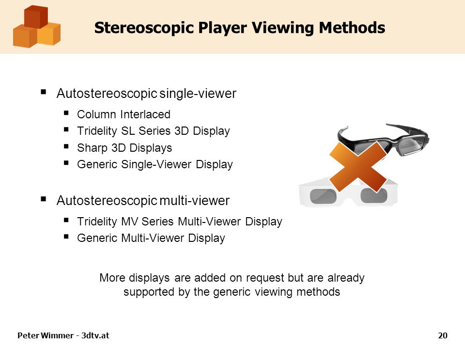 Peter Wimmer - 3dtv.at20 Stereoscopic Player Viewing Methods  Autostereoscopic single-viewer  Column Interlaced  Tridelity SL Series 3D Display  Sharp 3D Displays  Generic Single-Viewer Display  Autostereoscopic multi-viewer  Tridelity MV Series Multi-Viewer Display  Generic Multi-Viewer Display More displays are added on request but are already supported by the generic viewing methods