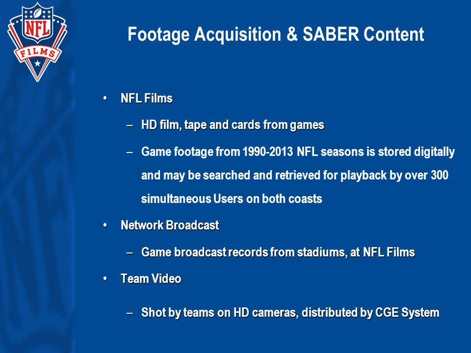 Footage Acquisition & SABER Content NFL Films NFL Films – HD film, tape and cards from games – Game footage from NFL seasons is stored digitally and may be searched and retrieved for playback by over 300 simultaneous Users on both coasts Network Broadcast Network Broadcast – Game broadcast records from stadiums, at NFL Films Team Video Team Video – Shot by teams on HD cameras, distributed by CGE System