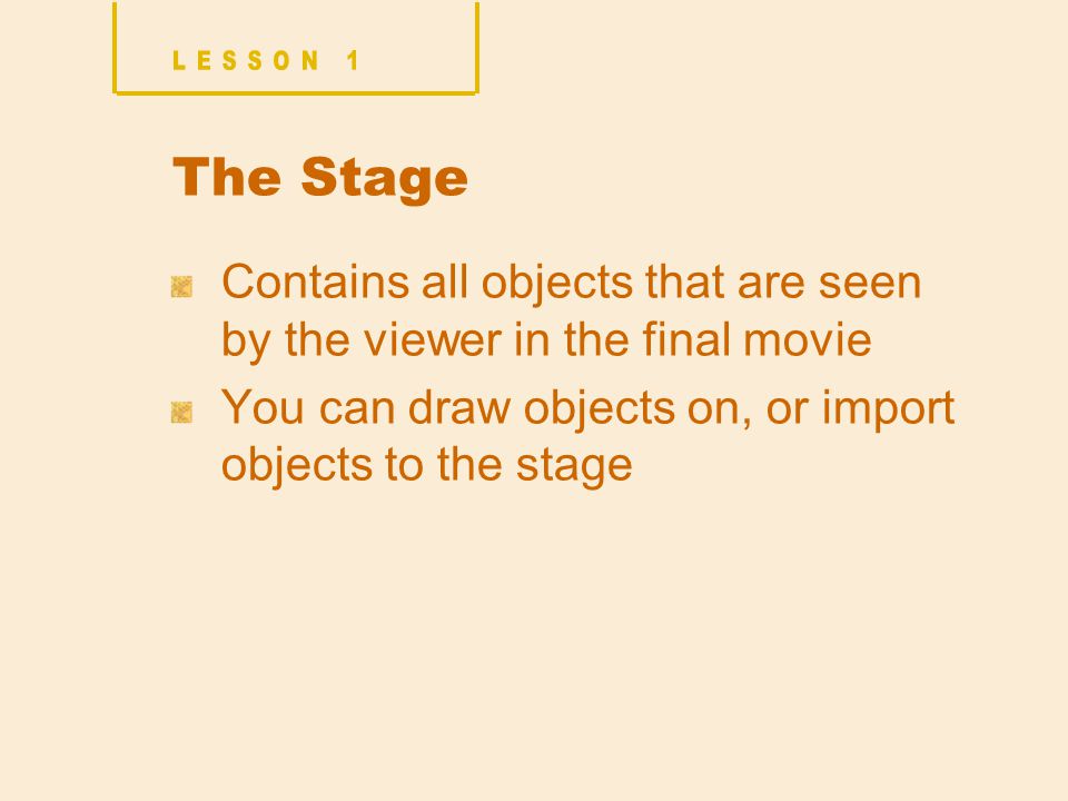 The Stage Contains all objects that are seen by the viewer in the final movie You can draw objects on, or import objects to the stage