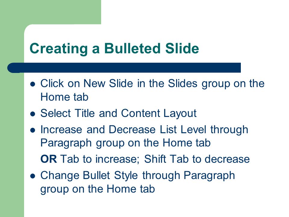 Creating a Title Slide Title Slide Layout (default) – Presentation Title – Presentation Subtitle