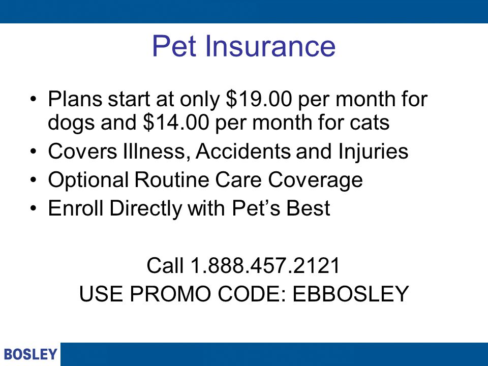 Pet Insurance Plans start at only $19.00 per month for dogs and $14.00 per month for cats Covers Illness, Accidents and Injuries Optional Routine Care Coverage Enroll Directly with Pet’s Best Call USE PROMO CODE: EBBOSLEY