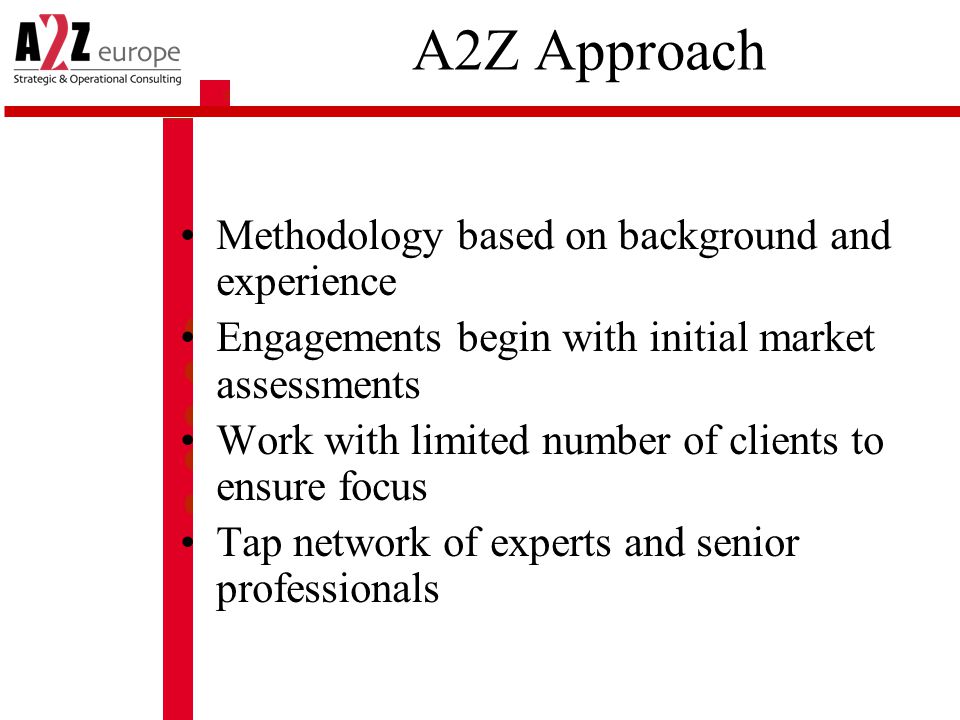 A2Z Approach Methodology based on background and experience Engagements begin with initial market assessments Work with limited number of clients to ensure focus Tap network of experts and senior professionals
