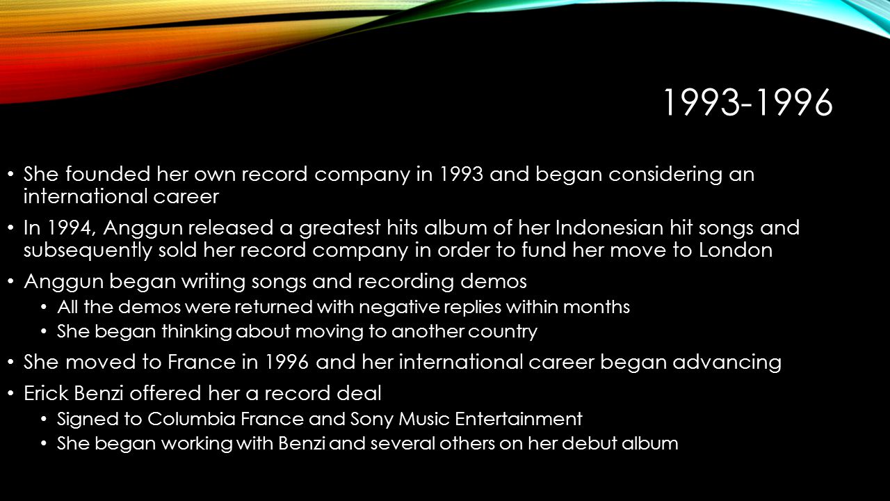 She founded her own record company in 1993 and began considering an international career In 1994, Anggun released a greatest hits album of her Indonesian hit songs and subsequently sold her record company in order to fund her move to London Anggun began writing songs and recording demos All the demos were returned with negative replies within months She began thinking about moving to another country She moved to France in 1996 and her international career began advancing Erick Benzi offered her a record deal Signed to Columbia France and Sony Music Entertainment She began working with Benzi and several others on her debut album