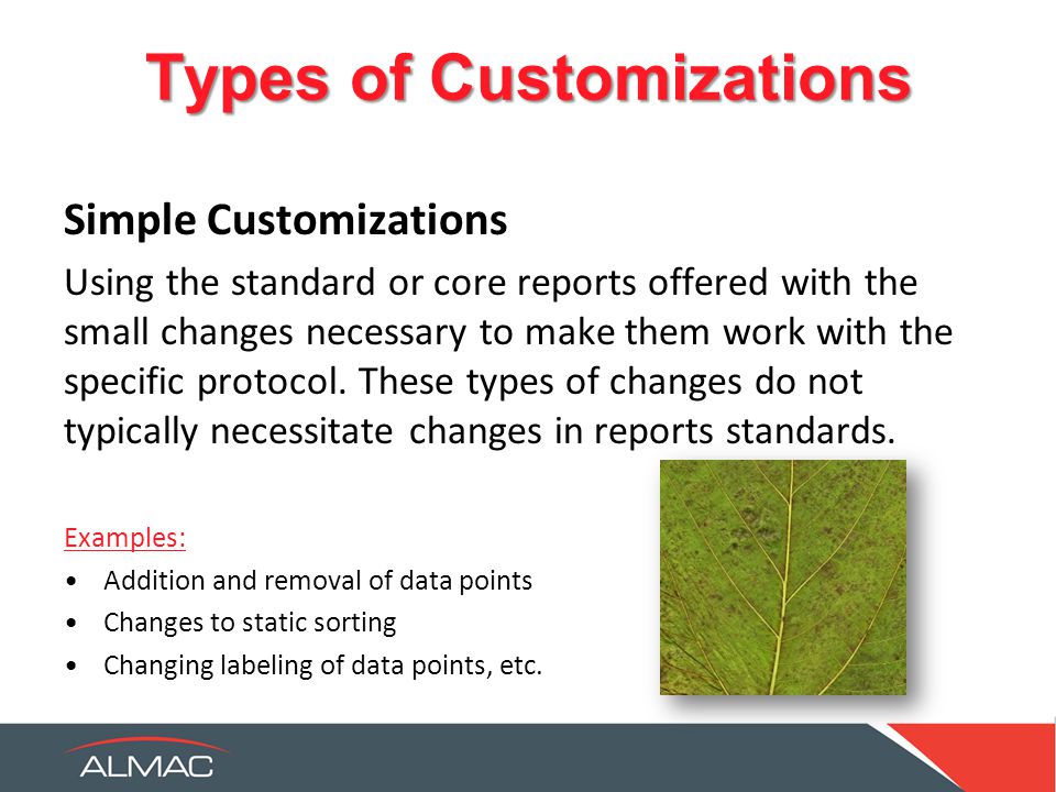 Types of Customizations Simple Customizations Using the standard or core reports offered with the small changes necessary to make them work with the specific protocol.