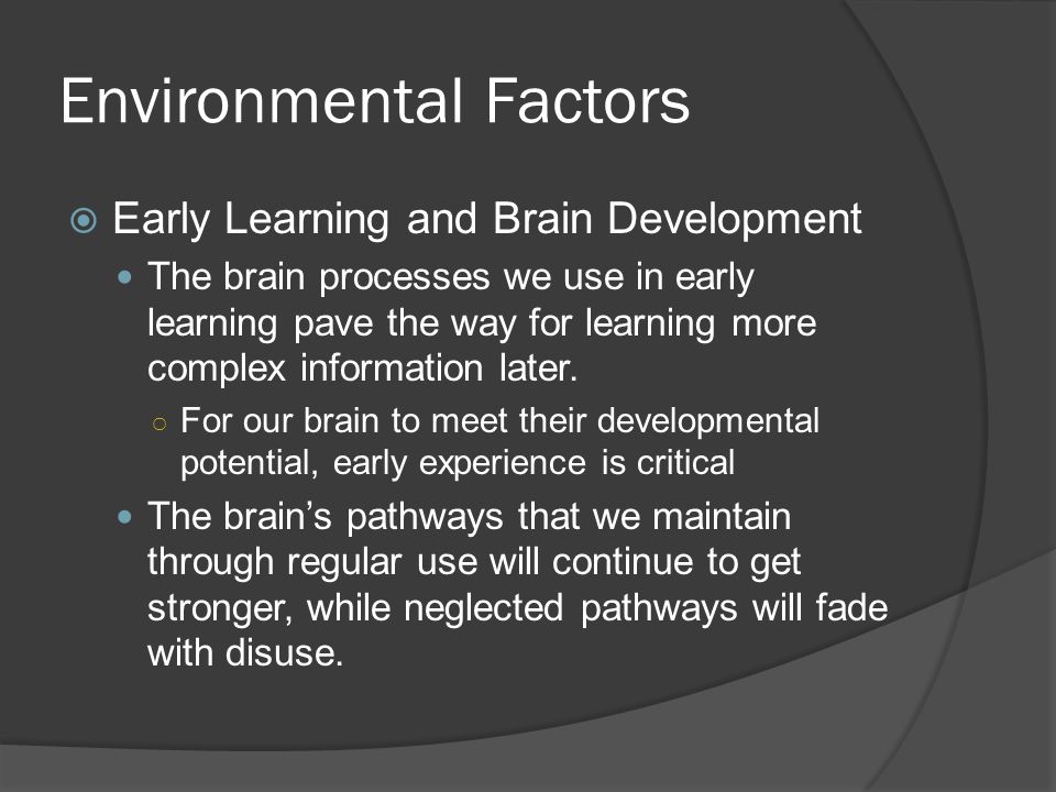Environmental Factors  Early Learning and Brain Development The brain processes we use in early learning pave the way for learning more complex information later.