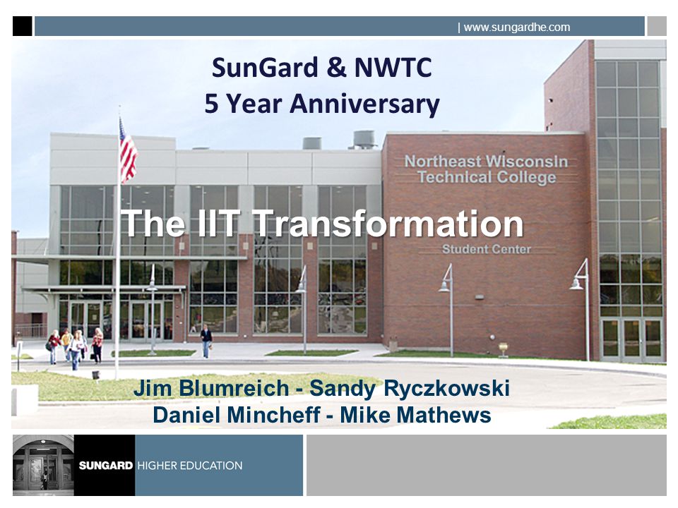 |   The IIT Transformation SunGard & NWTC 5 Year Anniversary The IIT Transformation Jim Blumreich - Sandy Ryczkowski Daniel Mincheff - Mike Mathews