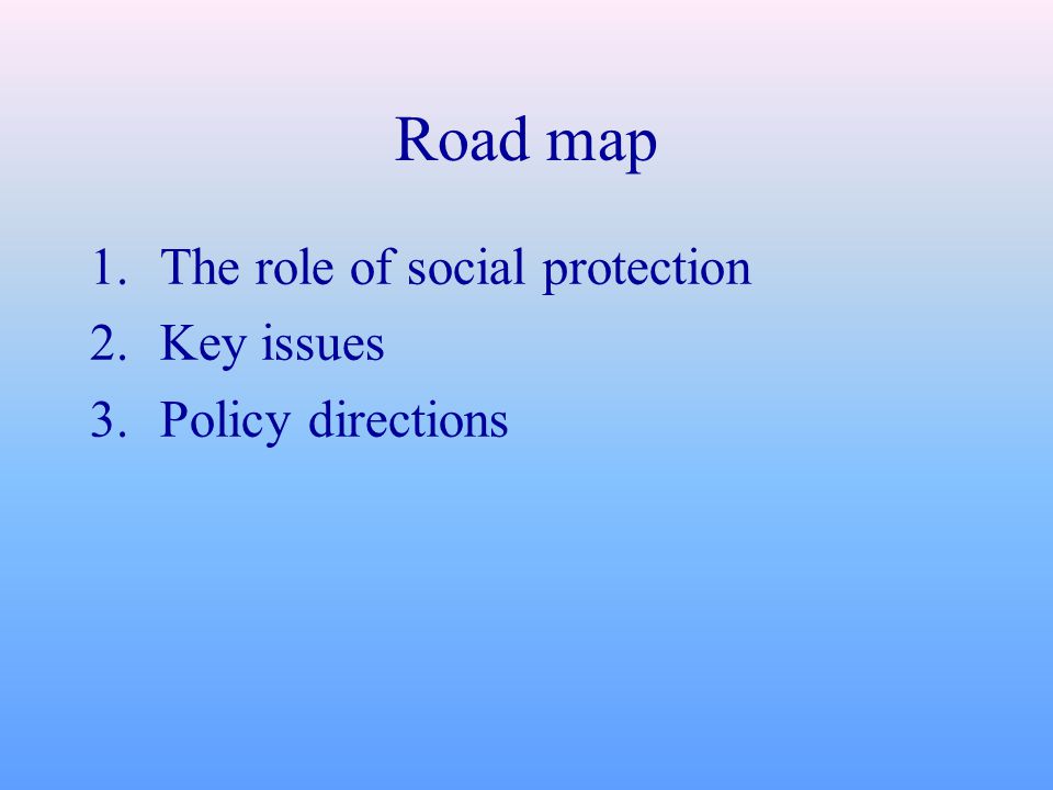 Road map 1.The role of social protection 2.Key issues 3.Policy directions