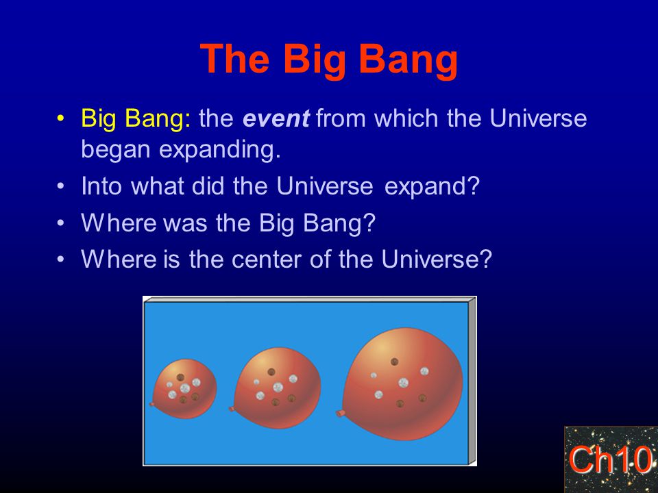 Ch10 The Big Bang Big Bang: the event from which the Universe began expanding.