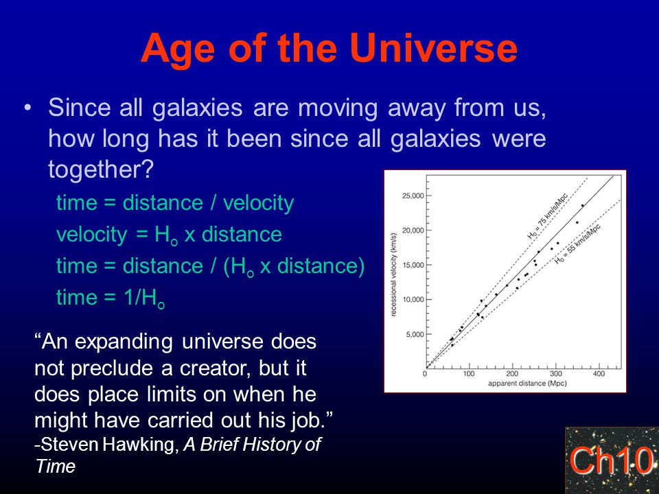 Ch10 Age of the Universe Since all galaxies are moving away from us, how long has it been since all galaxies were together.