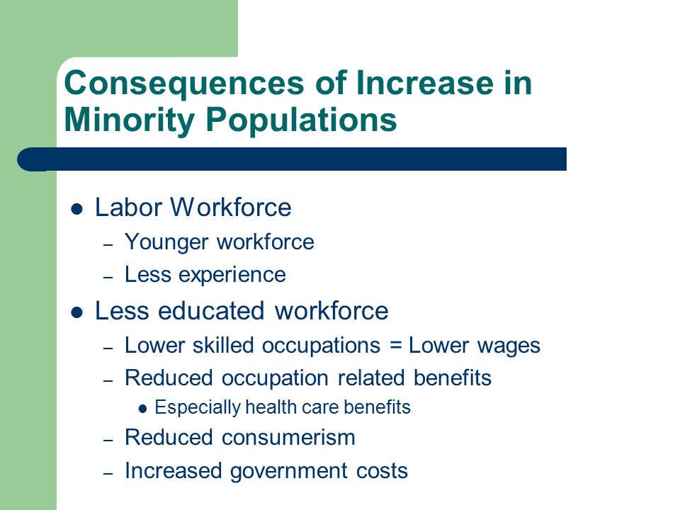 Consequences of Increase in Minority Populations Labor Workforce – Younger workforce – Less experience Less educated workforce – Lower skilled occupations = Lower wages – Reduced occupation related benefits Especially health care benefits – Reduced consumerism – Increased government costs