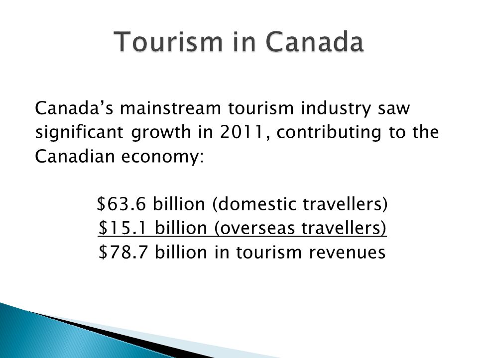Canada’s mainstream tourism industry saw significant growth in 2011, contributing to the Canadian economy: $63.6 billion (domestic travellers) $15.1 billion (overseas travellers) $78.7 billion in tourism revenues