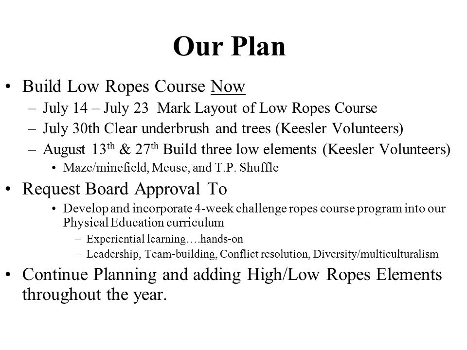 Our Plan Build Low Ropes Course Now –July 14 – July 23 Mark Layout