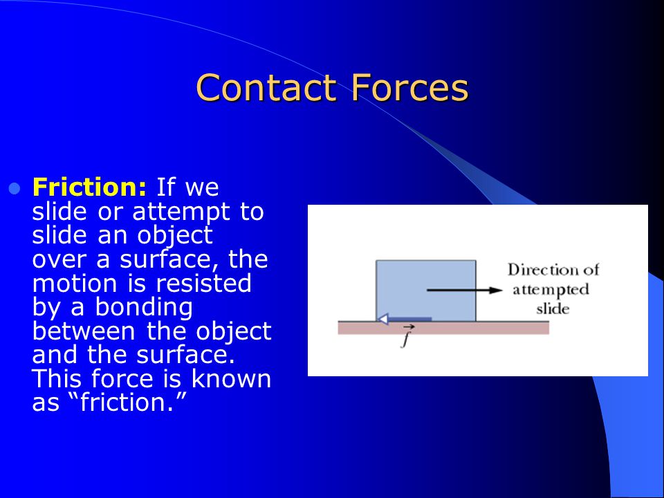 Contact Forces Normal Force: When a body presses against a surface, the surface deforms and pushes on the body with a normal force perpendicular to the contact surface.1