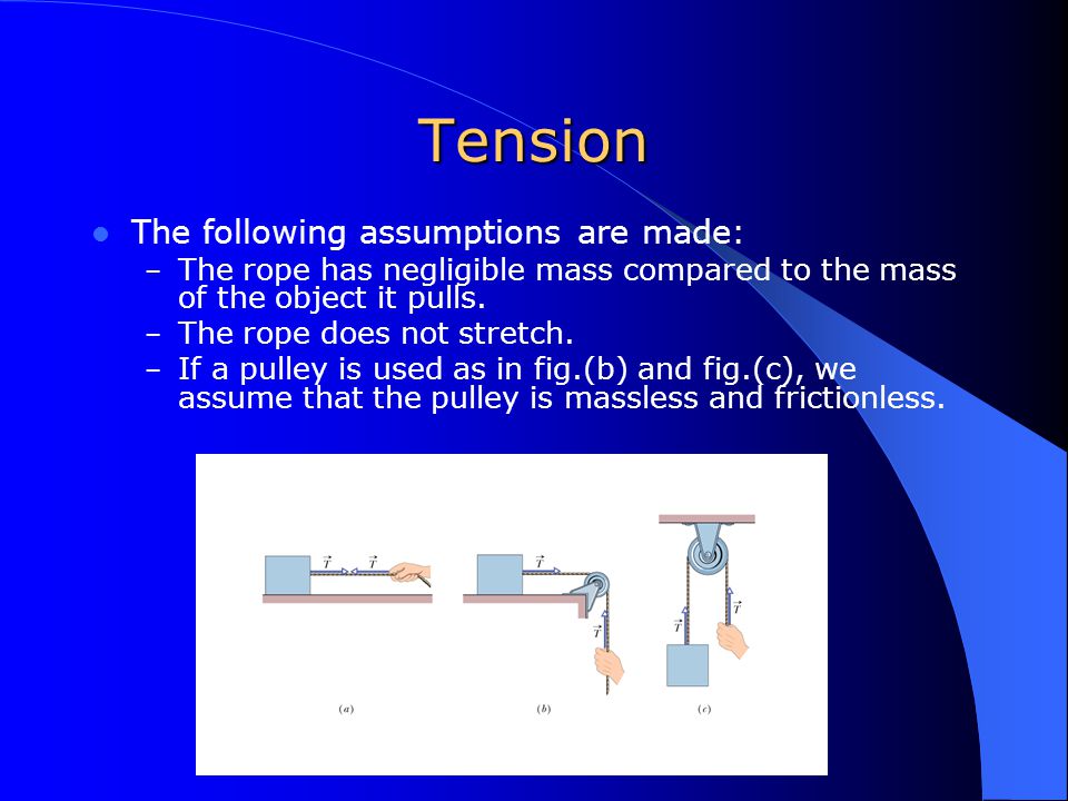 Tension Tension: This is the force exerted by a rope or a cable attached to an object Tension has the following characteristics: – It is always directed along the rope.