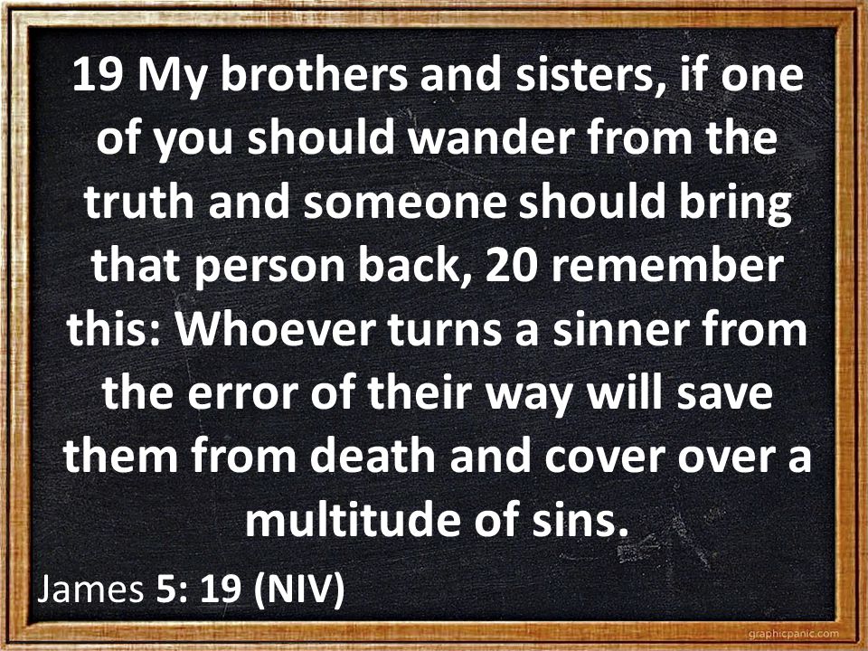 19 My brothers and sisters, if one of you should wander from the truth and someone should bring that person back, 20 remember this: Whoever turns a sinner from the error of their way will save them from death and cover over a multitude of sins.