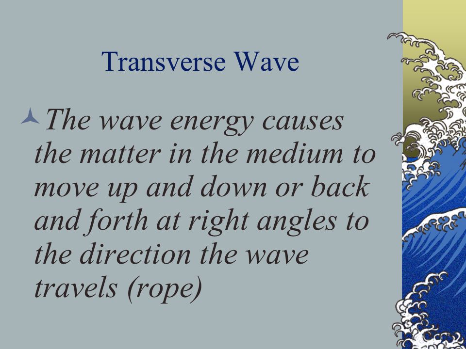 Transverse Wave The wave energy causes the matter in the medium to move up and down or back and forth at right angles to the direction the wave travels (rope)