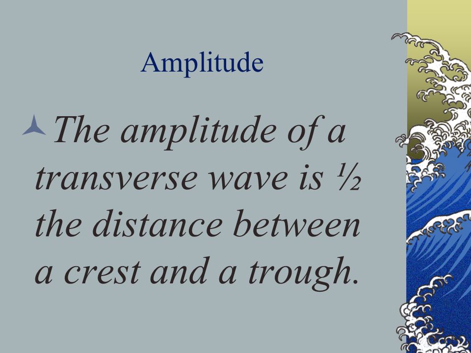 Amplitude The amplitude of a transverse wave is ½ the distance between a crest and a trough.