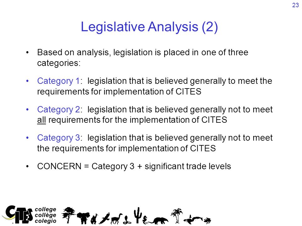 23 Legislative Analysis (2) Based on analysis, legislation is placed in one of three categories: Category 1: legislation that is believed generally to meet the requirements for implementation of CITES Category 2: legislation that is believed generally not to meet all requirements for the implementation of CITES Category 3: legislation that is believed generally not to meet the requirements for implementation of CITES CONCERN = Category 3 + significant trade levels