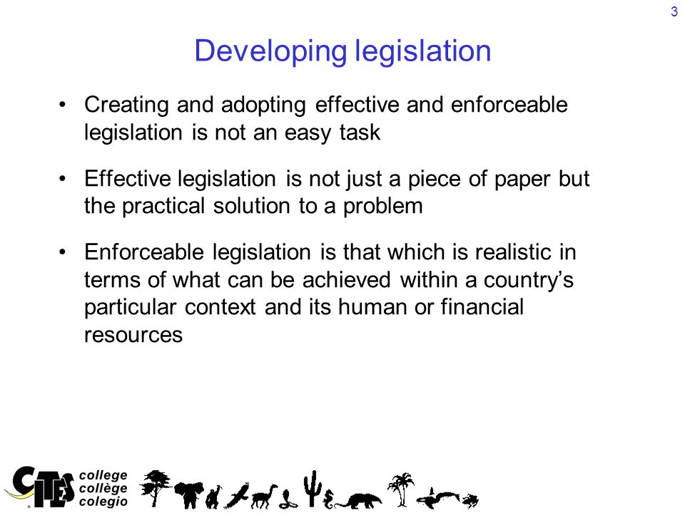 3 Developing legislation Creating and adopting effective and enforceable legislation is not an easy task Effective legislation is not just a piece of paper but the practical solution to a problem Enforceable legislation is that which is realistic in terms of what can be achieved within a country’s particular context and its human or financial resources