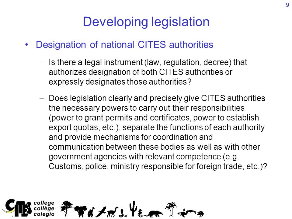 9 Developing legislation Designation of national CITES authorities –Is there a legal instrument (law, regulation, decree) that authorizes designation of both CITES authorities or expressly designates those authorities.