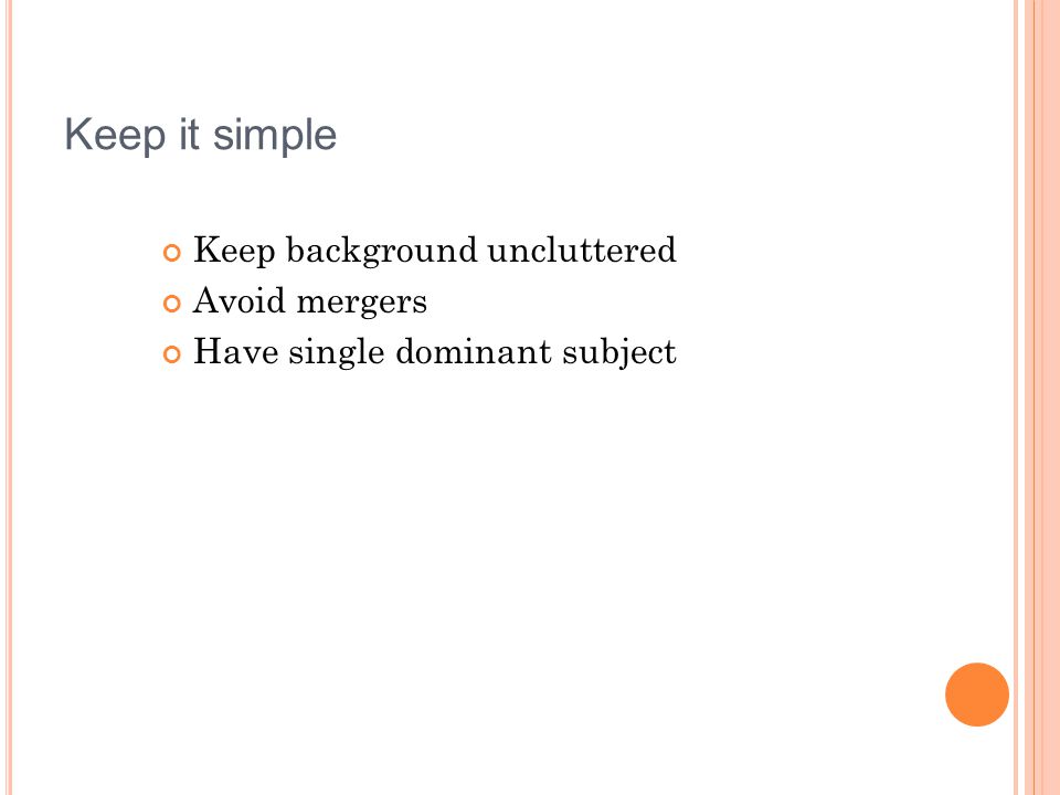 Keep it simple Keep background uncluttered Avoid mergers Have single dominant subject