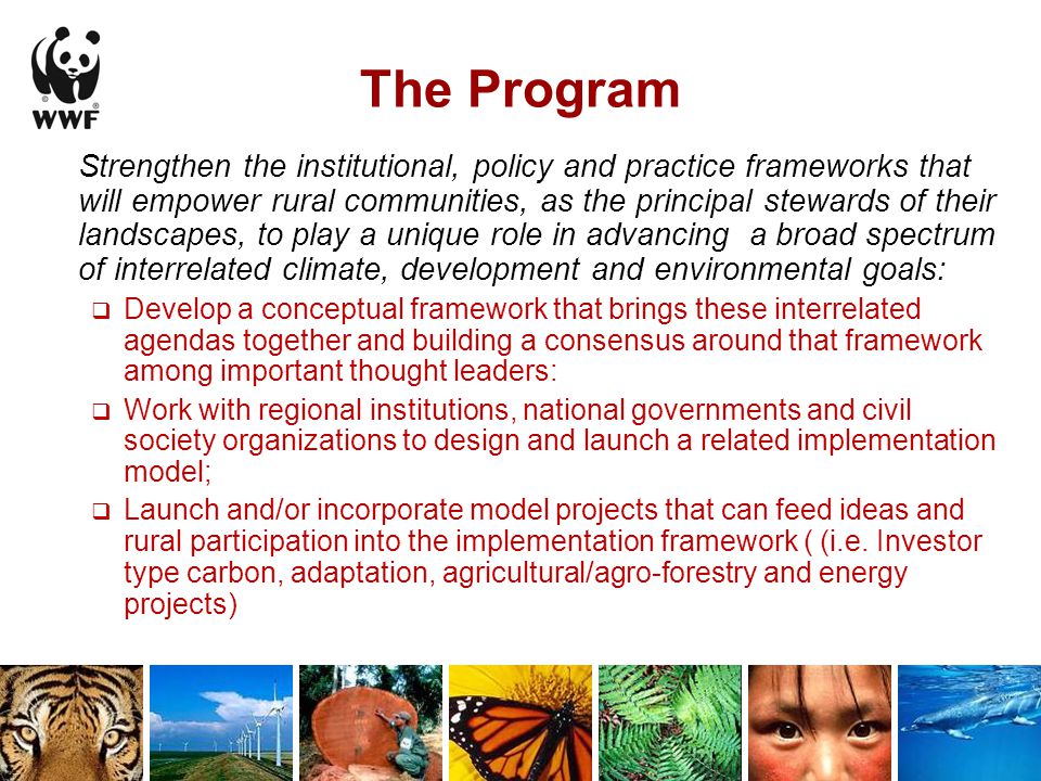 The Program Strengthen the institutional, policy and practice frameworks that will empower rural communities, as the principal stewards of their landscapes, to play a unique role in advancing a broad spectrum of interrelated climate, development and environmental goals:  Develop a conceptual framework that brings these interrelated agendas together and building a consensus around that framework among important thought leaders:  Work with regional institutions, national governments and civil society organizations to design and launch a related implementation model;  Launch and/or incorporate model projects that can feed ideas and rural participation into the implementation framework ( (i.e.