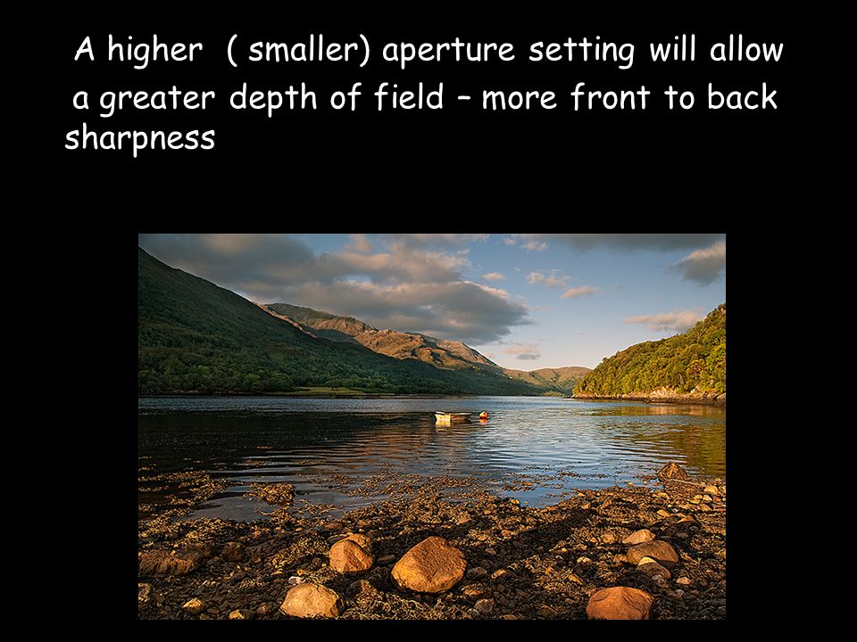 A higher ( smaller) aperture setting will allow a greater depth of field – more front to back sharpness