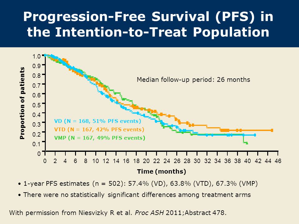 Progression-Free Survival (PFS) in the Intention-to-Treat Population 1-year PFS estimates (n = 502): 57.4% (VD), 63.8% (VTD), 67.3% (VMP) There were no statistically significant differences among treatment arms Proportion of patients Time (months) VD (N = 168, 51% PFS events) VTD (N = 167, 42% PFS events) VMP (N = 167, 49% PFS events) Median follow-up period: 26 months With permission from Niesvizky R et al.