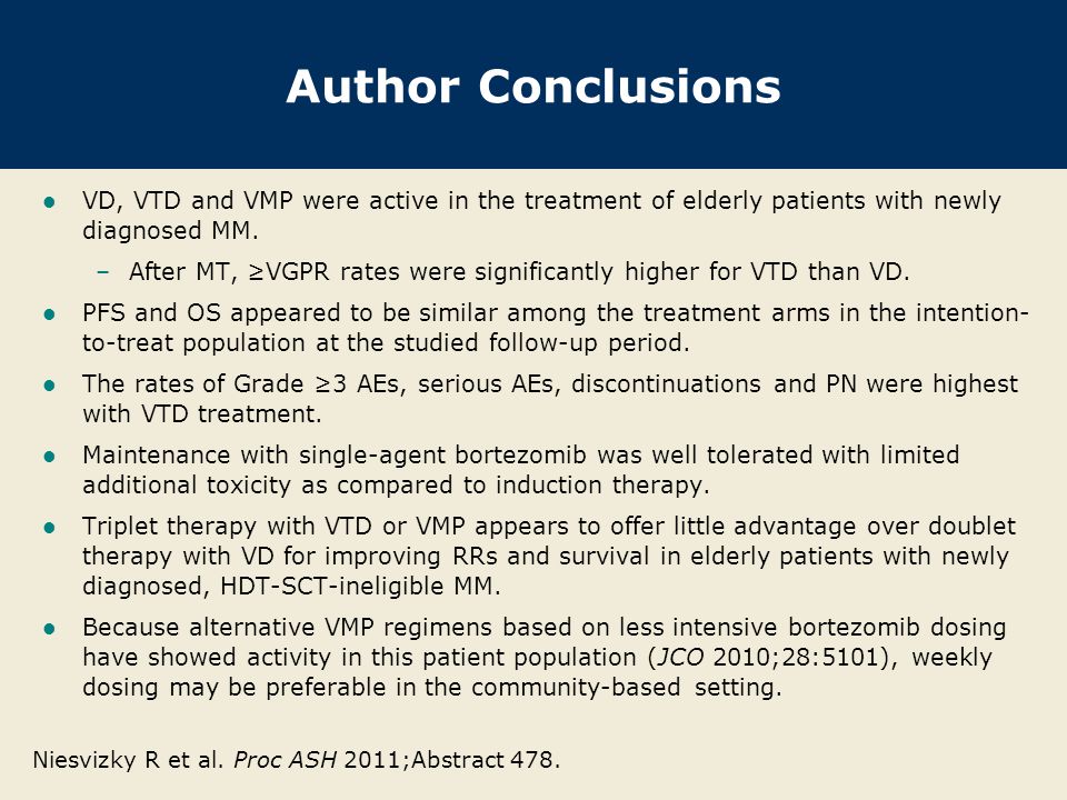 Author Conclusions VD, VTD and VMP were active in the treatment of elderly patients with newly diagnosed MM.