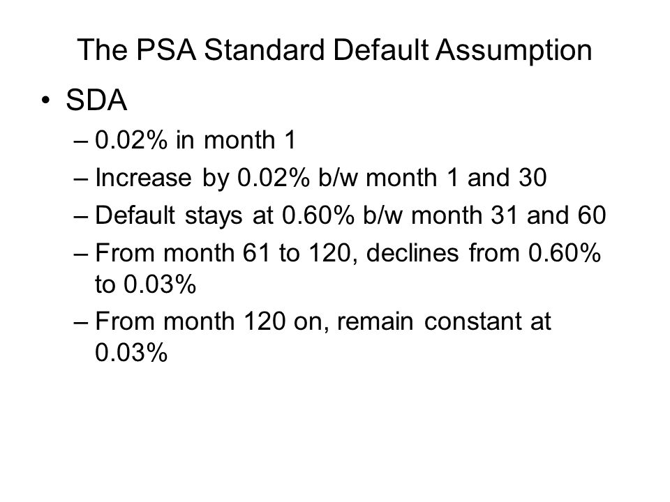 The PSA Standard Default Assumption SDA –0.02% in month 1 –Increase by 0.02% b/w month 1 and 30 –Default stays at 0.60% b/w month 31 and 60 –From month 61 to 120, declines from 0.60% to 0.03% –From month 120 on, remain constant at 0.03%
