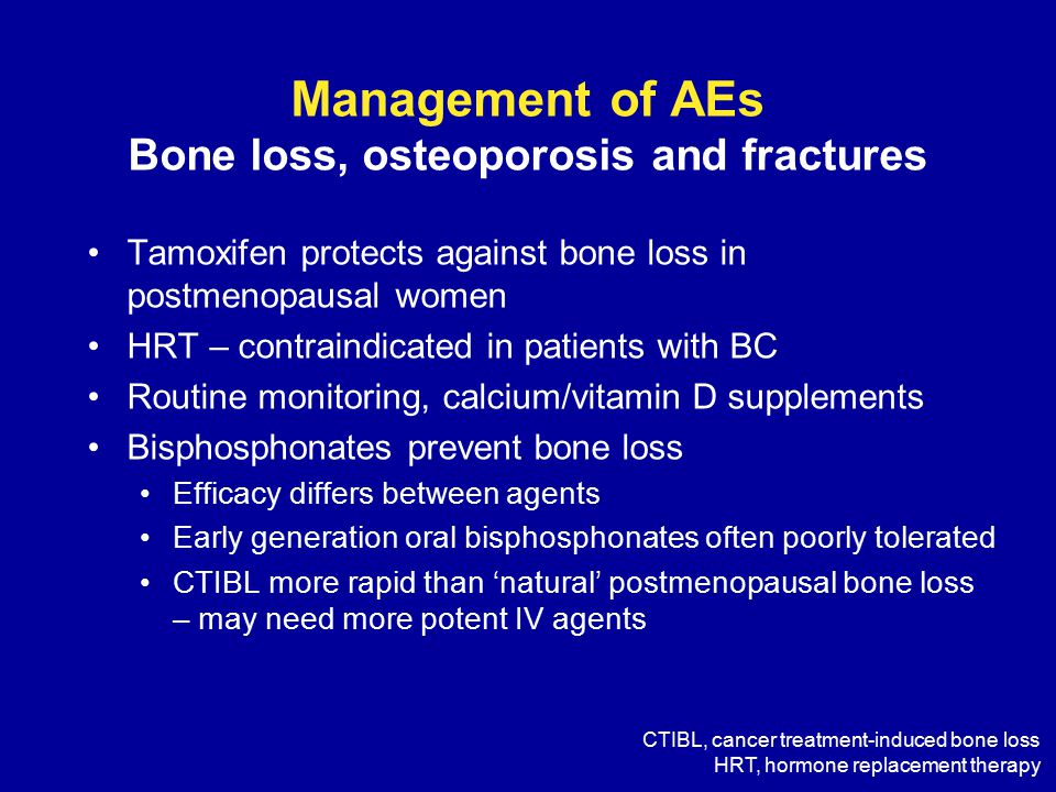 Management of AEs Bone loss, osteoporosis and fractures Tamoxifen protects against bone loss in postmenopausal women HRT – contraindicated in patients with BC Routine monitoring, calcium/vitamin D supplements Bisphosphonates prevent bone loss Efficacy differs between agents Early generation oral bisphosphonates often poorly tolerated CTIBL more rapid than ‘natural’ postmenopausal bone loss – may need more potent IV agents CTIBL, cancer treatment-induced bone loss HRT, hormone replacement therapy