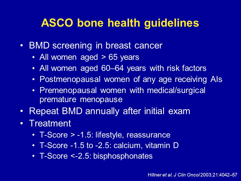ASCO bone health guidelines BMD screening in breast cancer All women aged > 65 years All women aged 60–64 years with risk factors Postmenopausal women of any age receiving AIs Premenopausal women with medical/surgical premature menopause Repeat BMD annually after initial exam Treatment T-Score > -1.5: lifestyle, reassurance T-Score -1.5 to -2.5: calcium, vitamin D T-Score <-2.5: bisphosphonates Hillner et al.