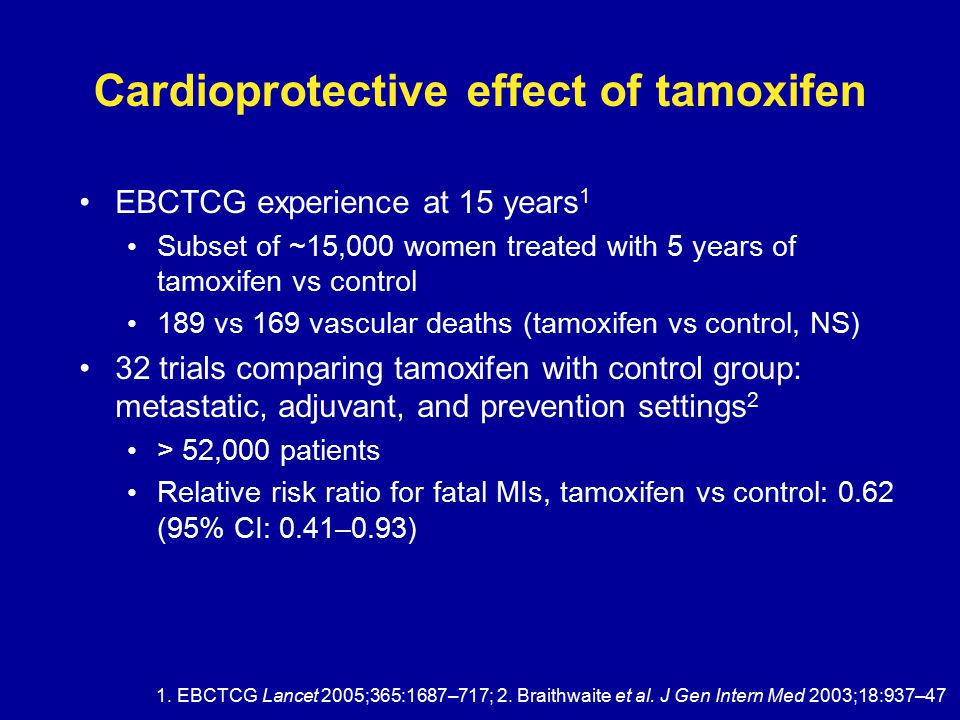 Cardioprotective effect of tamoxifen EBCTCG experience at 15 years 1 Subset of ~15,000 women treated with 5 years of tamoxifen vs control 189 vs 169 vascular deaths (tamoxifen vs control, NS) 32 trials comparing tamoxifen with control group: metastatic, adjuvant, and prevention settings 2 > 52,000 patients Relative risk ratio for fatal MIs, tamoxifen vs control: 0.62 (95% CI: 0.41–0.93) 1.