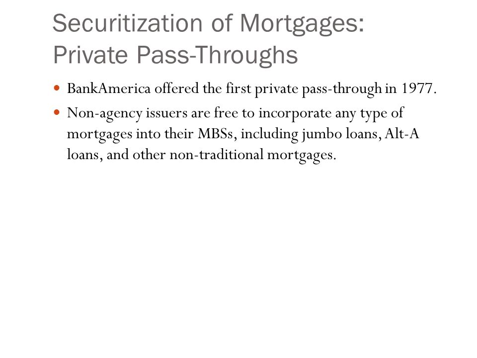 Securitization of Mortgages: Private Pass-Throughs BankAmerica offered the first private pass-through in 1977.