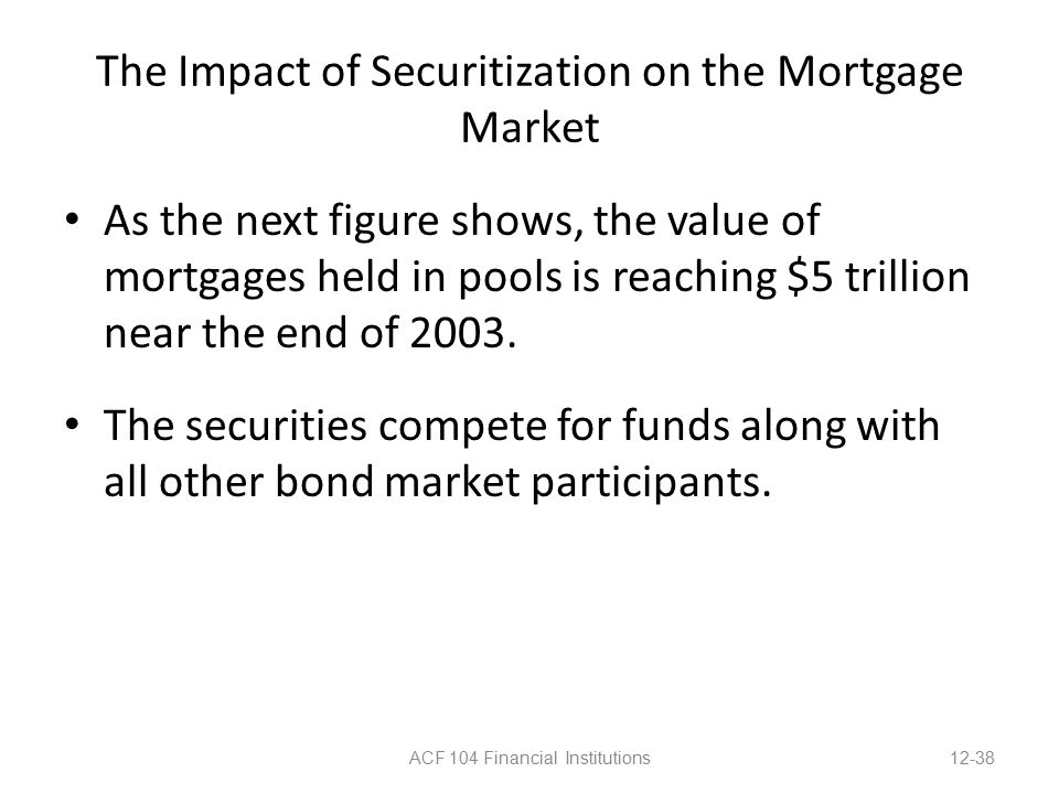 The Impact of Securitization on the Mortgage Market As the next figure shows, the value of mortgages held in pools is reaching $5 trillion near the end of 2003.