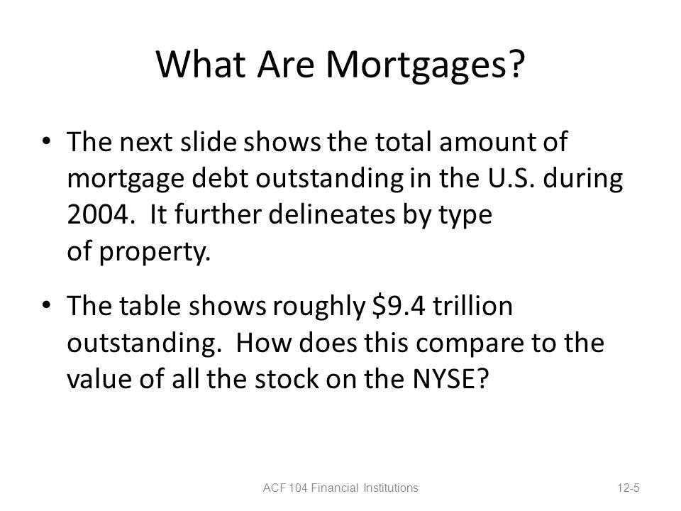 What Are Mortgages. The next slide shows the total amount of mortgage debt outstanding in the U.S.