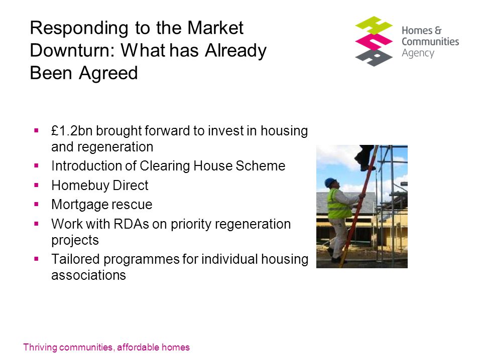 Thriving communities, affordable homes Responding to the Market Downturn: What has Already Been Agreed  £1.2bn brought forward to invest in housing and regeneration  Introduction of Clearing House Scheme  Homebuy Direct  Mortgage rescue  Work with RDAs on priority regeneration projects  Tailored programmes for individual housing associations