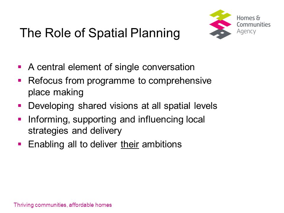 Thriving communities, affordable homes The Role of Spatial Planning  A central element of single conversation  Refocus from programme to comprehensive place making  Developing shared visions at all spatial levels  Informing, supporting and influencing local strategies and delivery  Enabling all to deliver their ambitions
