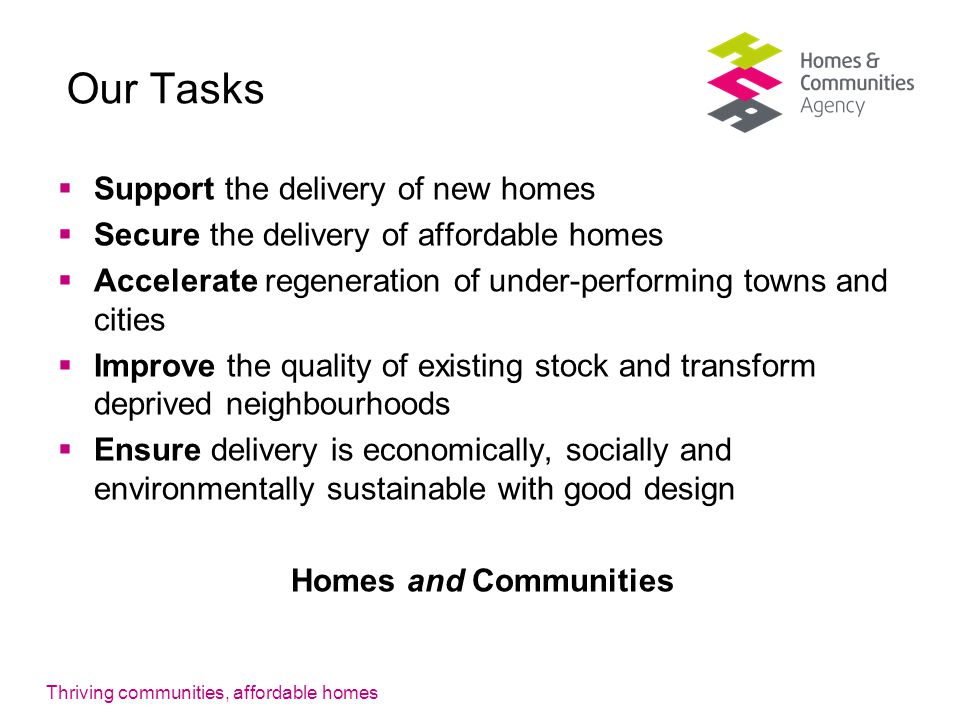 Thriving communities, affordable homes Our Tasks  Support the delivery of new homes  Secure the delivery of affordable homes  Accelerate regeneration of under-performing towns and cities  Improve the quality of existing stock and transform deprived neighbourhoods  Ensure delivery is economically, socially and environmentally sustainable with good design Homes and Communities