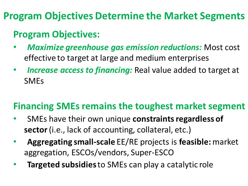 Program Objectives Determine the Market Segments Program Objectives: Maximize greenhouse gas emission reductions: Most cost effective to target at large and medium enterprises Increase access to financing: Real value added to target at SMEs Financing SMEs remains the toughest market segment SMEs have their own unique constraints regardless of sector (i.e., lack of accounting, collateral, etc.) Aggregating small-scale EE/RE projects is feasible: market aggregation, ESCOs/vendors, Super-ESCO Targeted subsidies to SMEs can play a catalytic role